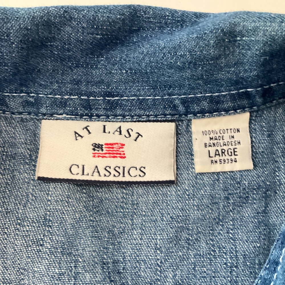 Vtg At Last Classics Women Large Sleeveless Pearl Snap Shirt Blue Denim Collared - Picture 4 of 8